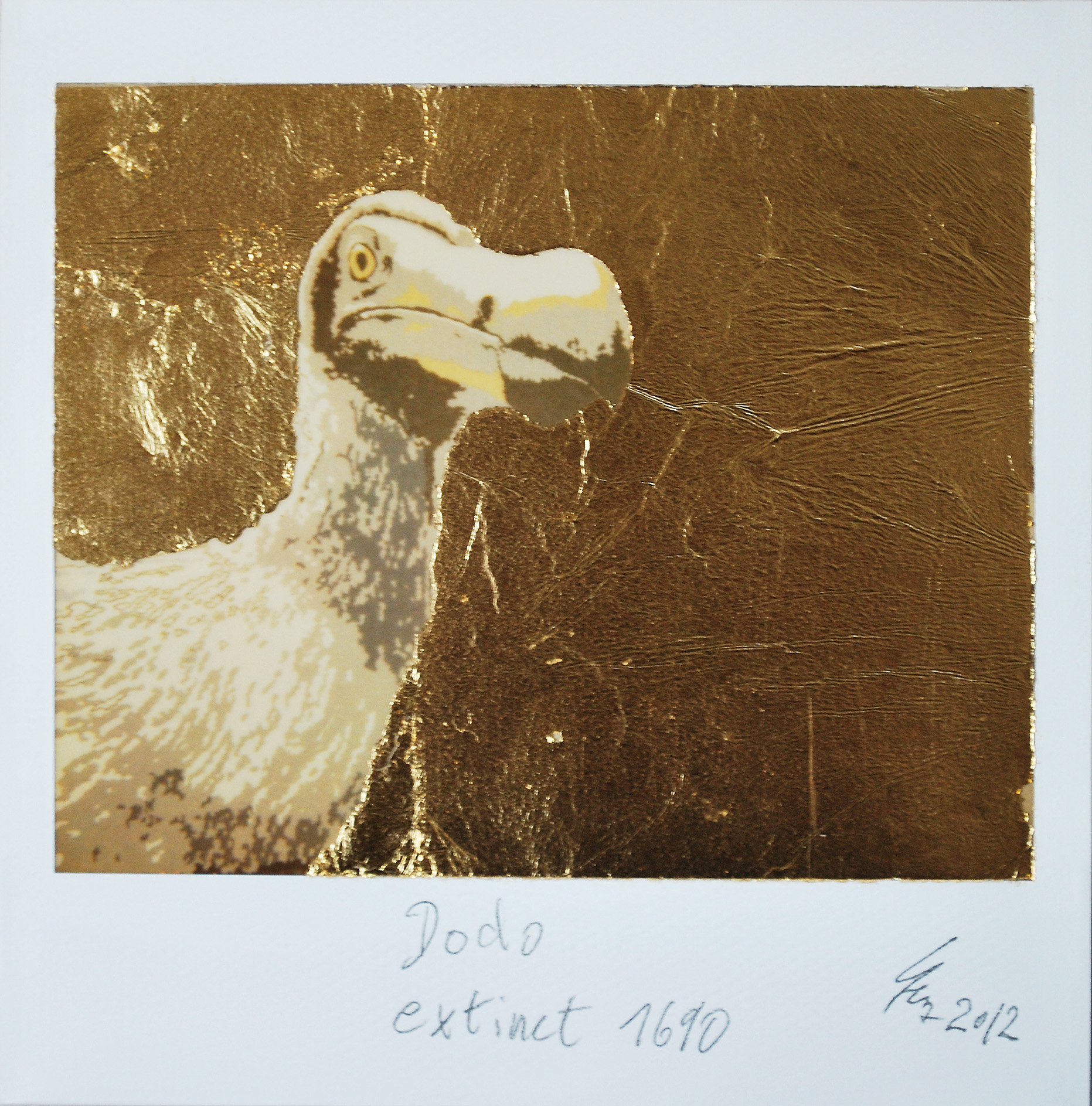 Dodo extinct 1690, Foto: Polaroid, Blattgold 23 Karat, 2012